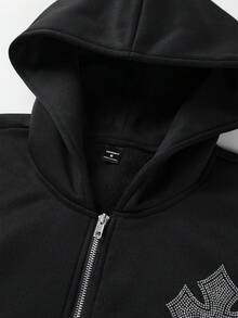 PAVTROS 男士街头风水钻装饰短款连帽卫衣，长袖上衣 - 黑色 - 查看 4