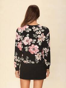 Coeurva Blommigt tryckt sweatshirt med nedhängda axelband, långärmade toppar för höst/vinter - Multifärgad - Visa 7