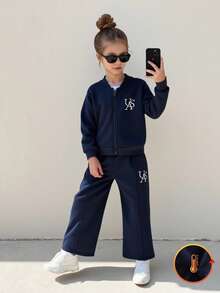 SHEIN Genkimix Kids 2 件套年轻女孩时尚修身夹克和高腰阔腿裤套装，春秋 - 藏蓝色 - 查看 3