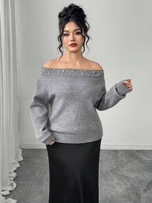 Modelyn 大码水钻装饰露肩长袖纯色套头毛衣 - 灰色 - 查看 3