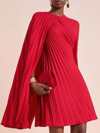 Zivah 2025 Autumn/Winter & Summer New Arrival Music Festival, Easter, St. Patrick's Day, Western, Nomadic, Birthday Party, Graduation, College Style, Student, Daily Wear, All-Match Versatile, Casual, Vacation, Cruise Travel, Beach, Sunbathing, Viral , Streetwear, Beach Vacation/Party/Date, Pleated Material Red Cape-Style Women Short Dress