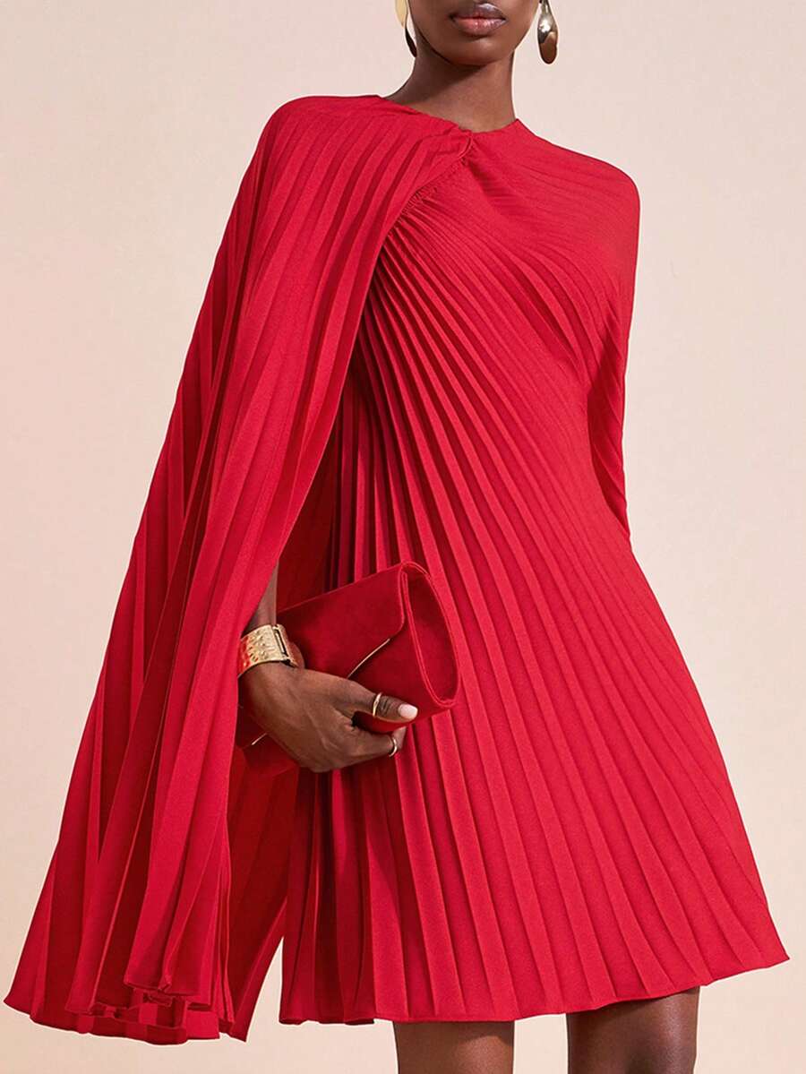 Zivah 2025 Autumn/Winter & Summer New Arrival Music Festival, Easter, St. Patrick's Day, Western, Nomadic, Birthday Party, Graduation, College Style, Student, Daily Wear, All-Match Versatile, Casual, Vacation, Cruise Travel, Beach, Sunbathing, Viral , Streetwear, Beach Vacation/Party/Date, Pleated Material Red Cape-Style Women Short Dress - Red - View 1