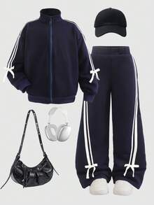 SHEIN 2pcs Young Girl Knitted Solid Color Casual Jacket And Long Pants Set - Royal Blue - View 2
