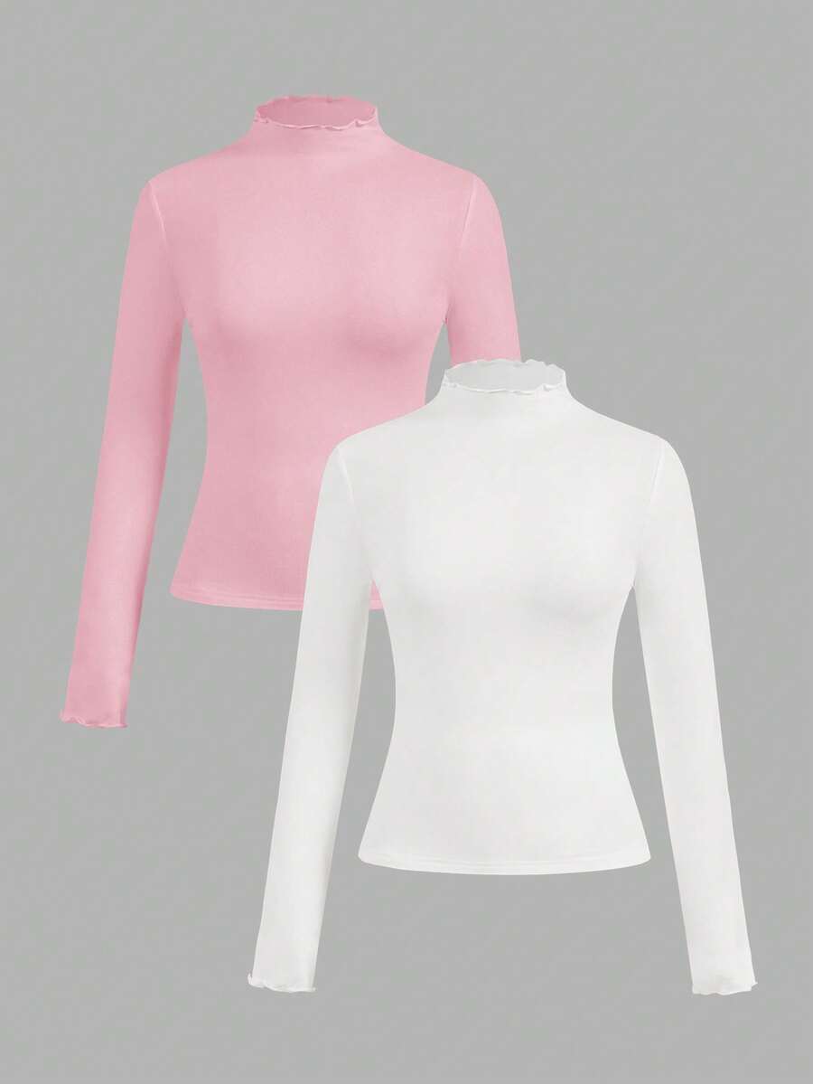 SHEIN EZwear Bộ 2 áo thun tay dài bó sát màu hồng và trắng, thời trang thu đông - Nhiều màu - Xem 1