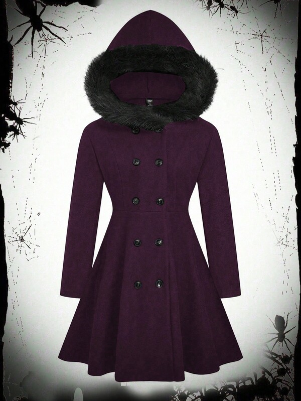 SHEIN Sweetro Plus Size Solid Color Minimalist Double-Breasted Hooded Long Sleeve Casual Jacket