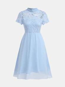 Pitira Pitira Teen Girl Blue Sheer Lace Trim Chiffon Hem Midi Dress, Suitable For Holidays, Parties, Elegant, Weddings, Back To School, Graduation Light Blue Teen Dress Light Blue Dress Women Girls Bridesmaids Blue Dresses Luxury Sky Blue Dress Short Modest Elegant Dresses For Teenage Girls - Blue - View 6