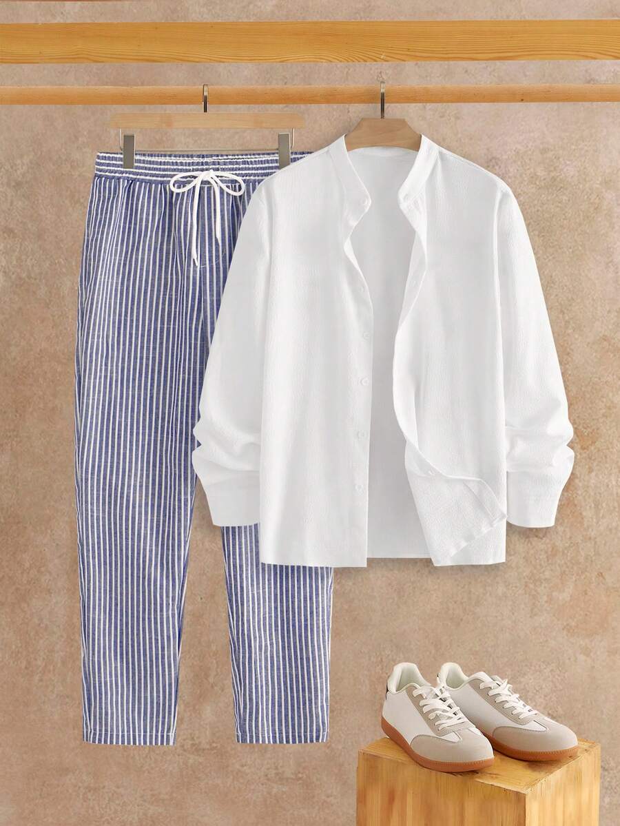 HIMLAND Herren Set mit lässigem Langarmhemd und gestreifter Hose, Herbst-Brunch-Outfit für Herren, Manfinity-Männer, Herren-Hemd-Co-Ords, gestreifte Hose, Herren, europäische Sommer-Outfits für Männer, Set aus Leinenhosen für Männer