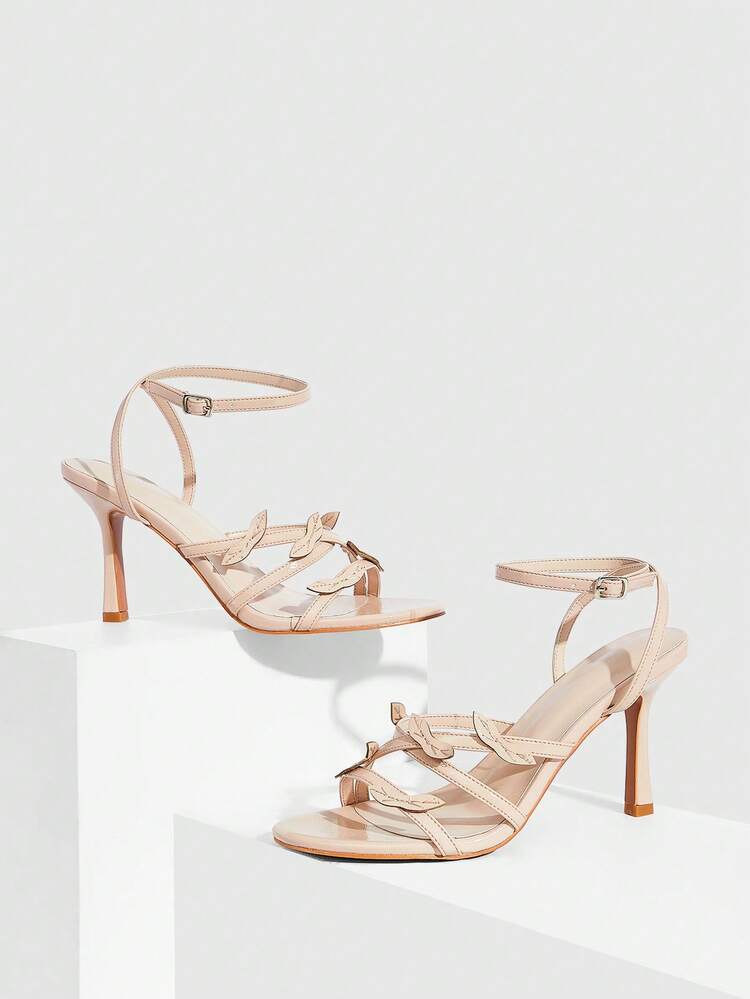 CUCCOO SZL レディース ゴールドメタリックPUストラップ アシンメトリーリーフデコレーション ファッショナブル セクシー グラマラス メタリック ナイトクラブスタイル ラウンドトゥ ハイヒールサンダル