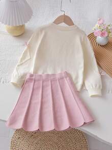SHEIN Playful Pals 2pcs Young Girl Cute Long Sleeve Bow Decor Sweater And Pleated Skirt Set, Autumn/Winter Girl S Spring And Autumn Dress Girl Clothes Autumn And Winter Clothes Skirt Two Piece Set Kids Autumn And Winter Young Girls Dressse Girls Sweater Skirt Set