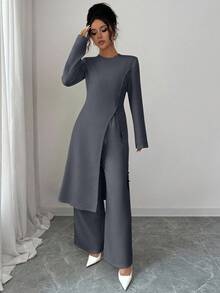 Elenzga Bộ 2 món áo khoác cardigan tay dài một hàng khuy đơn giản màu trơn dành cho nữ, đi làm hàng ngày, xuân/thu - Xám - Xem 3