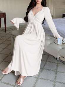 DAZY Camisón largo de mujer con diseño de volantes fruncidos, adorno de encaje en la cintura y mangas con volantes, de estilo romántico - Blanco - Ver 3