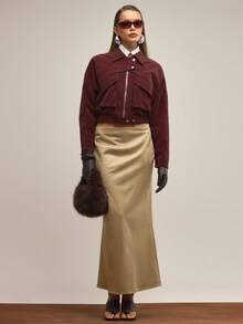 MUSERA 翻领超大口袋细节飞行员夹克，优雅冬日夜间外出工作皆宜，可爱迷人 - 酒紅色 - 查看 5