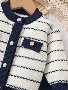 SHEIN Vintaside Kids 2pcs Baby Girls Striped Pattern Round Neck Button Front Long Sleeve Top And Solid Color Pants Sweater Set - Royal Blue - View 6