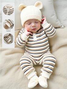 Vintaside Kids 1pc Striped Soft Fleece Jumpsuit For Baby Boys, Cute Casual Style, Suitable For Outdoor Play, Vacation And Daily Wear In Autumn/Winter, Red Baby Jumpsuit - Apricot - View 3