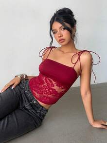 Aloruh 女士新款纯色酒红色蕾丝吊带背心，蝴蝶结肩带，Y2K 短款上衣，性感优雅 - 酒紅色 - 查看 7