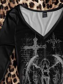 Attitoon Áo thun dài tay ôm sát cổ chữ V đơn giản, tối giản dành cho nữ, họa tiết thánh giá thiên thần Gothic, màu đen - trắng - Xem 4