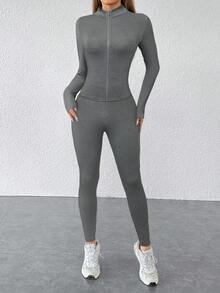 SHEIN PETITE 黑色两件套运动服拉链夹克和紧身裤 - 灰色 - 查看 3