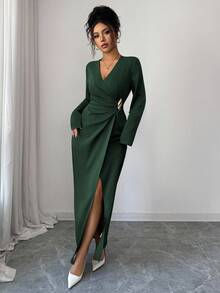 Elenzga Women's Elegant Solid Color V-Neck Metal Decor Ruched Fitted Split Hem Maxi Dress, Spring/Autumn - Dark Green - View 5
