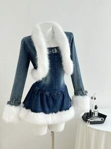 Elamini 女士秋季时尚拼接仿毛皮饰边前开襟牛仔外套 - 藍色 - 查看 4