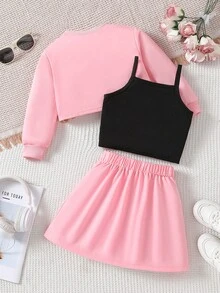 SHEIN Explorewe 3件套少女装：杏色卫衣温暖柔软，舒适百搭；黑色背心，简约时尚的“洛杉矶”印花；梭织裙，甜美可爱。颜色协调，可单独穿着，也可搭配不同风格，适合春秋冬。 - 粉色 - 查看 2