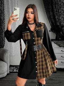 Whyspr Váy sơ mi phong cách Punk cỡ lớn dành cho nữ, họa tiết kẻ caro đỏ đen tương phản, thắt eo, tay dài, dáng ngắn - Nhiều màu - Xem 4