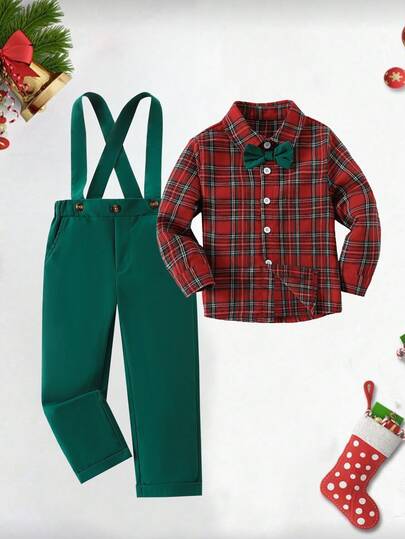 SHEIN Ensemble garçon style rétro décontracté, chemise à carreaux de Noël à col avec manches longues et boutons, avec nœud papillon contrastant et pantalon droit avec boutons de bretelles, pour l'automne/hiver