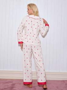 SweetSlumber Cute Casual Comfortable Bow Print Peter Pan Collar Design Women Pajama Set Bow Pjs Cherry Pajama Set Pjs Bow Pajamas, Winter Clothes - Apricot - View 2