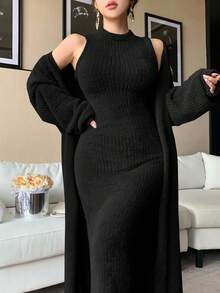 DAZY Set de 2 piezas de suéter tejido elegante marrón para mujer, otoño/invierno