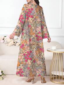 Al Najma 女士优雅花卉植物印花 V 领长袖连衣裙，时尚优雅，适合春秋季节 - 彩色 - 查看 2