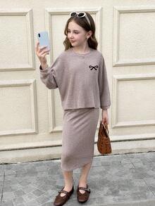 SHEIN Serisse Kids 青少年女孩蝙蝠翼圆领 T 恤和中长铅笔裙 2 件套休闲套装，纹理针织面料，优雅适合秋冬季外出和日常穿着，返校 - 彩色 - 查看 3