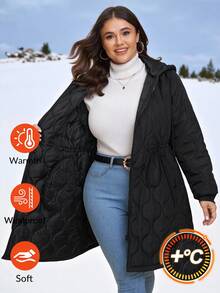 Comfylo 大码休闲绗缝抽绳连帽羽绒服，秋冬季保暖黑色上衣女式冬季外套女式冬季夹克感恩节大码连帽拉链冬季夹克女式冬季外套女式冬季服装舒适秋冬服装女式外套Maija 2025秋冬女式Maija黑色上衣 - 黑色 - 查看 3