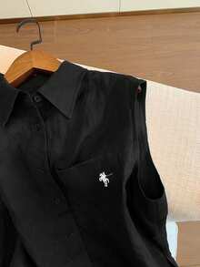 Airaco 女式骑士印花纽扣衬衫和短裤休闲两件套 - 黑色 - 查看 3