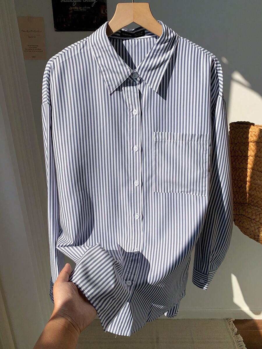 Comfortcana Áo sơ mi nữ tay dài xếp ly màu xanh navy kẻ sọc thường ngày có dây buộc phía trước - Màu xanh hải quân - Xem 1