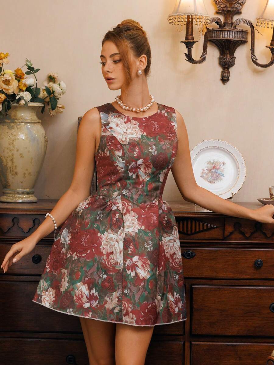 Glamine Charm Damen bedrucktes Minikleid mit Peplum-Saum und Rundhalsausschnitt, Herbst/Winter - Verschiedenfarbig - Übersicht 1
