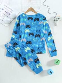 2 件套青少年男童星星印花时尚休闲长袖上衣和裤子紧身家居服，春/秋/冬 - 藍色 - 查看 2
