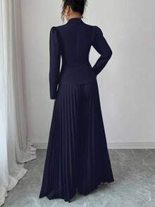 Elenzga 女士优雅通勤黑色西装外套，翻领和金边装饰纽扣，长泡泡袖，合身设计 + 女士优雅通勤黑色褶皱设计宽松阔腿裤，春秋 - 藍色 - 查看 2