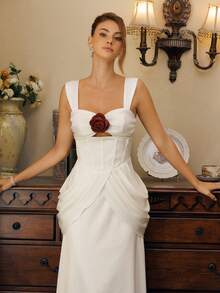 Glamine Charm 女士花卉装饰镂空腰部褶皱腰带秋冬晚礼服 - 白色 - 查看 6