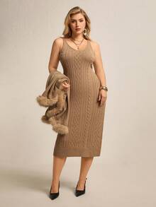 Juhart Elegant Knit Set For Winter, Camel Fuzzy Collar Cardigan Paired With Cable Slip Dress, Exuding Sophistication And Femininity, Suitable For Commute And Dates In Autumn/Winter - Khaki - View 3