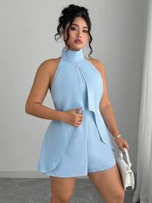 Elenzga 大码女式夏季优雅纯色吊带连体裤短裤 - 藍色 - 查看 3