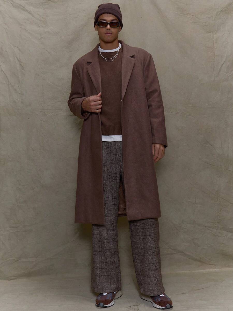Musero 中长款宽松衬里大衣，侧边口袋，隐形拉链细节，春夏剪裁 - 棕色 - 查看 1