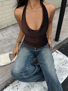 Siren Gaze 新款女式亮片针织垂坠领上衣 - 棕色 - 查看 3