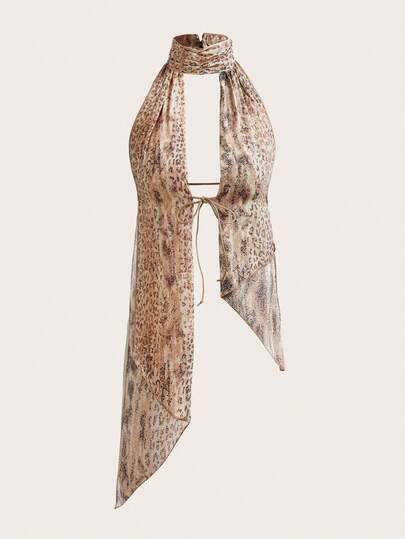 MUSERA Top com Gola Alta e Amarração na Frente com Estampa Animal, Looks de Saída de Clube, Verão Sexy Vintage, Férias, Ibiza, Beachwear Boho, Verão Sexy Elegante, Looks de Saída de Clube, Inverno