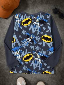 BATMAN X SHEIN Tween Boy Casual All-Over Print Crew Neck Loose Fit Long Sleeve Knit T-Shirt