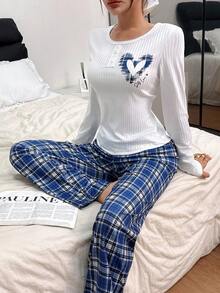 SHEIN 格子爱心罗纹保暖圆领长袖上衣和裤子休闲女式睡衣套装，舒适冬装，圣诞节 - 藏蓝色 - 查看 4