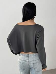 Lunelith SHEIN Lunessa Women's Solid Color Asymmetrical Collar Long Sleeve Cropped Casual T-Shirt, For Autumn Fall Cloth For Women