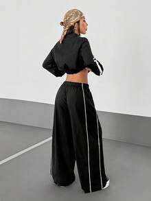 StreetHx Bộ 2 món áo khoác raglan tay dài có khóa kéo phía trước và quần ống rộng phong cách đường phố thể thao thoải mái dành cho nữ - màu đen - Xem 2