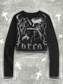 Y2Kool Aak 女士黑色肖像哥特式荆棘印花紧身长袖上衣，哥特风露脐上衣，冬季时尚新年装 - 黑色 - 查看 6