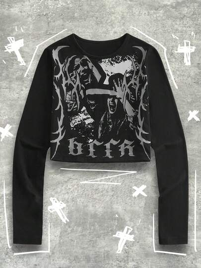 Y2Kool Aak Damen Schwarzes Portrait Gothic Dorn Muster Enges Langarm Top, Goth Crop Top, Goth Shirts, Bedrucktes Crop Top, Bedrucktes Langarm Crop Top, Damen Winter Modische Bekleidungskollektion, Neujahrskostüme