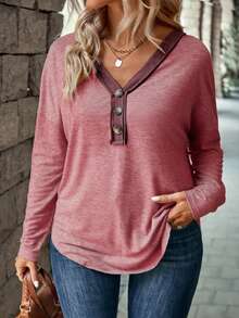 EMERY ROSE New Fashion Casual V-Neck Contrast Button Long Sleeve T-Shirt Top For Women - Pink - View 1