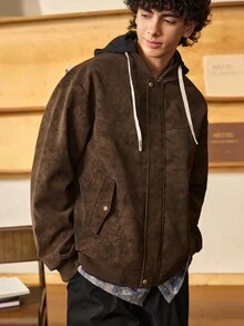 Open Phase STONE DISTRICT 男士宽松连帽摩托车皮夹克，全新秋冬春夏系列 - 咖啡棕 - 查看 7